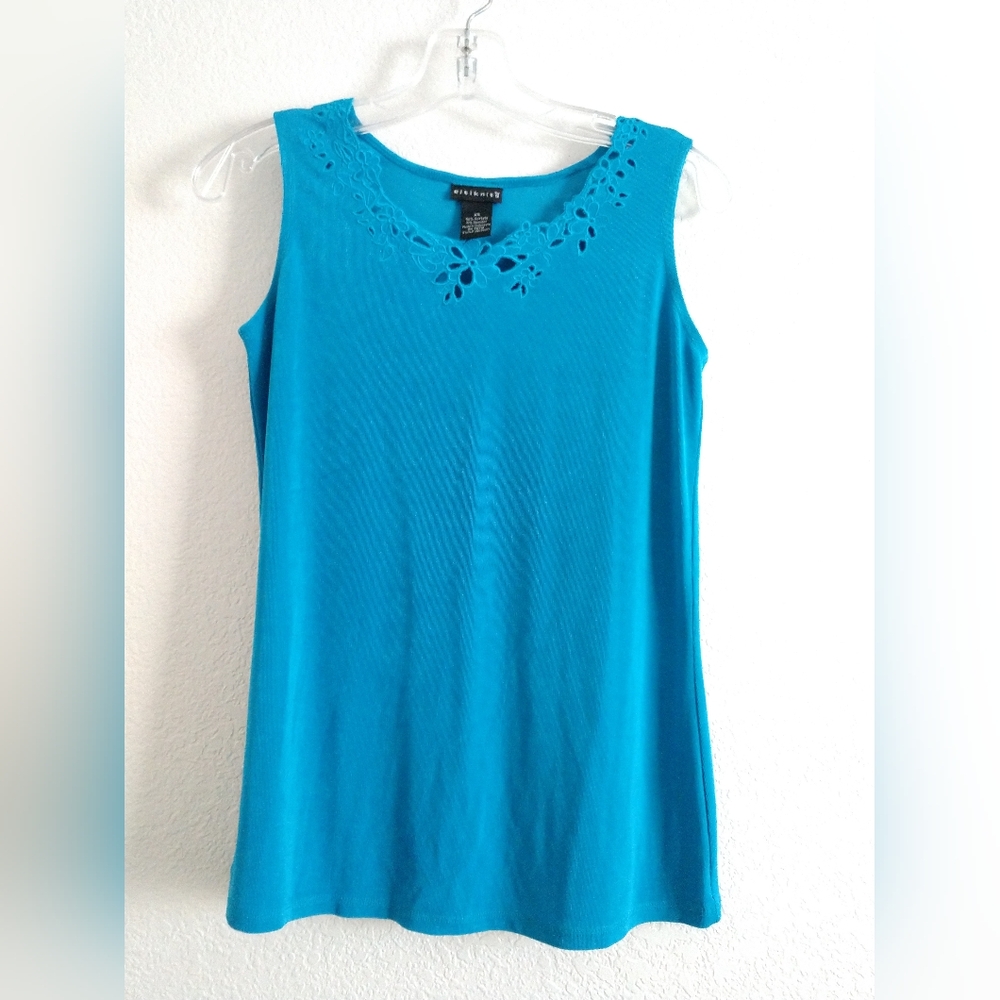 Citiknit Travelers Knit Tank Top Shirt Blue Openwork Lacy Floral Neckline XS